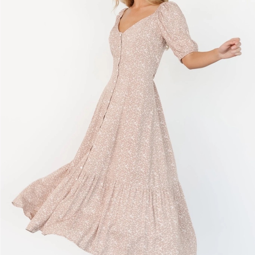 Women's Blush Floral Maxi Dress with Puff Sleeves